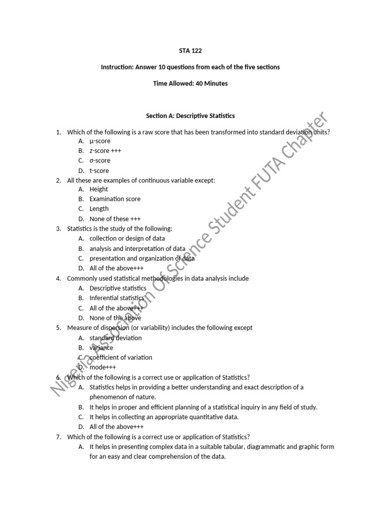 STA 122 Statistics Exam Questions | PDF | Statistics | Probability ...