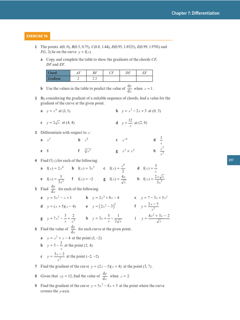 Differentiation Exercises and Solutions | PDF | Gradient | Tangent