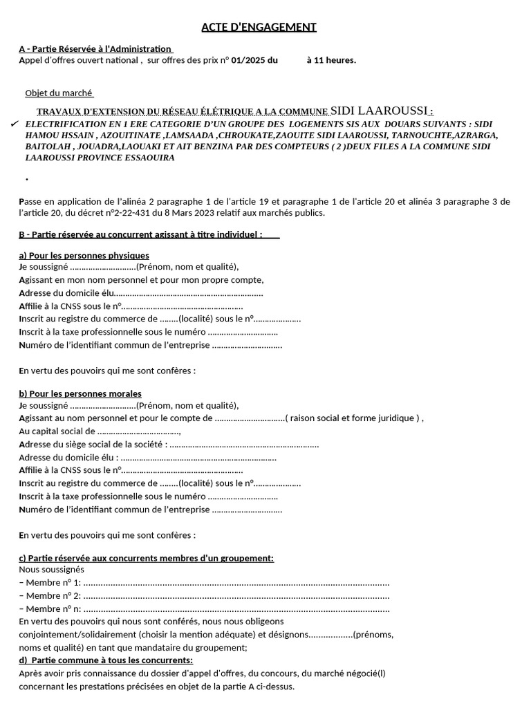 Acte d'engagement pour travaux électriques | PDF | Business