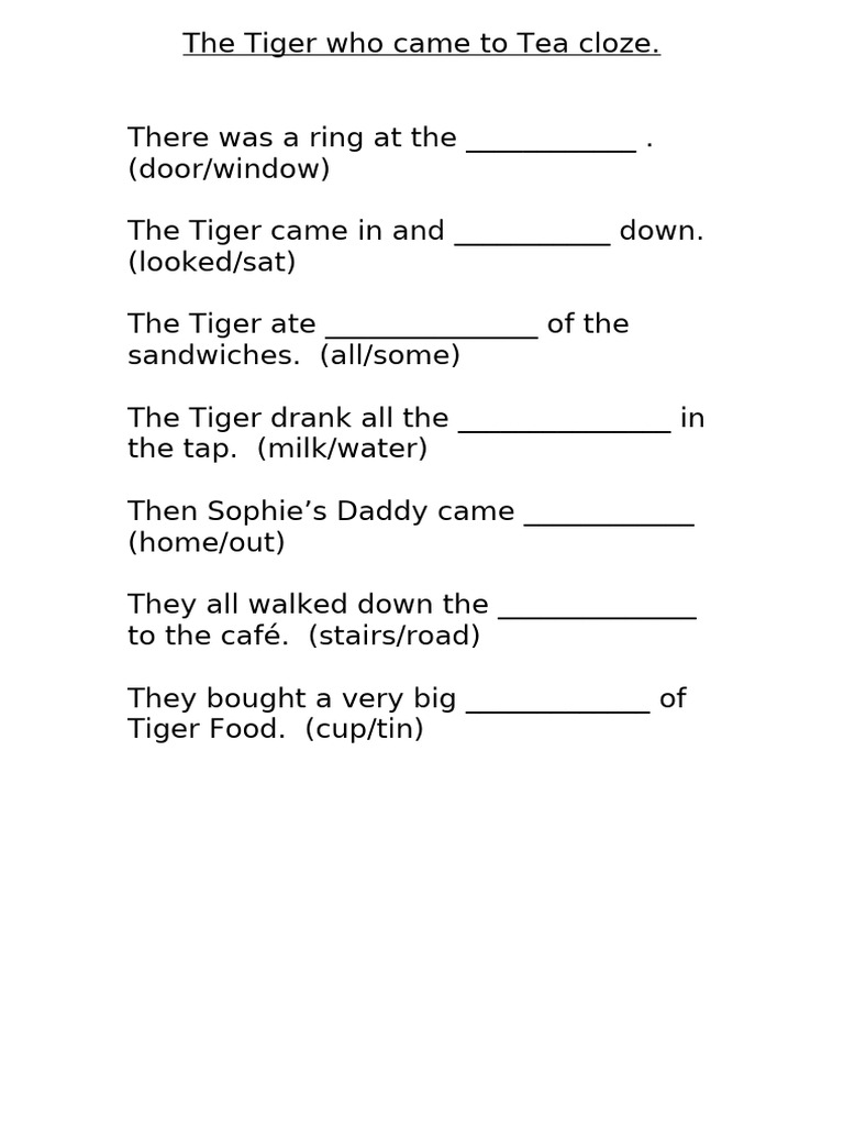 The Tiger Who Came to Tea Cloze[1] PDF