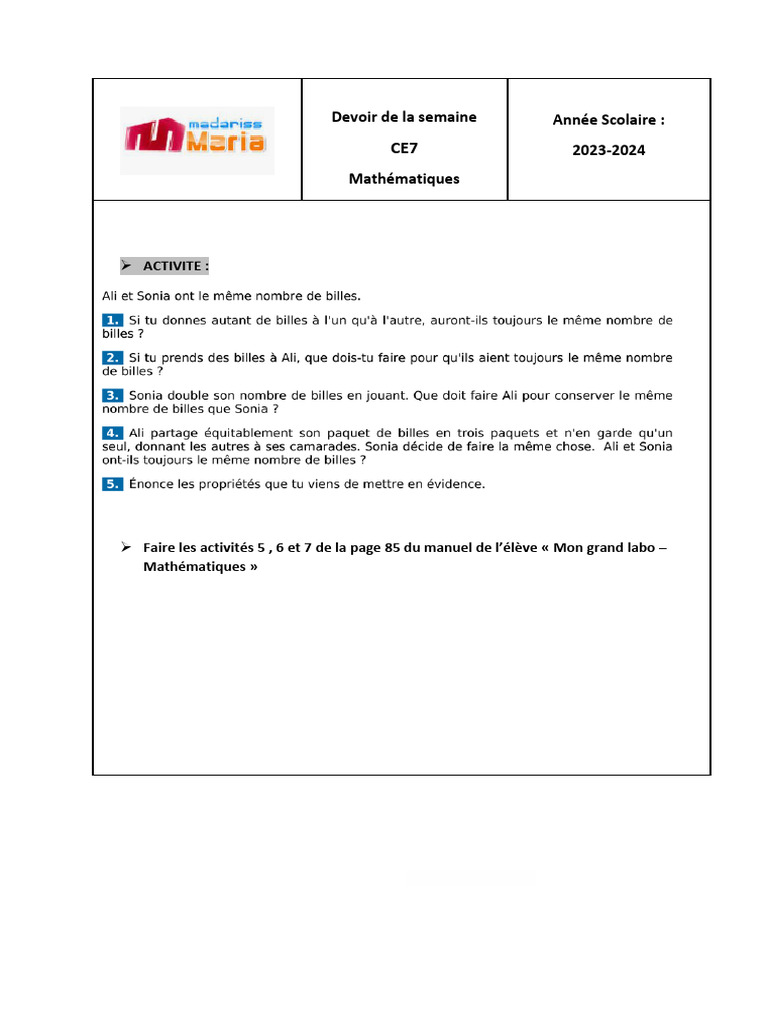 Activités CE7 en Mathématiques | PDF