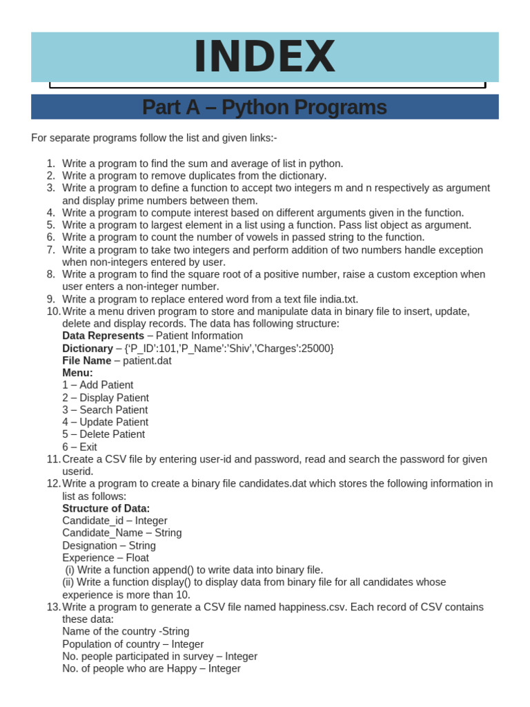 Class 12 Computer Science Index | PDF | Data | Computer Data