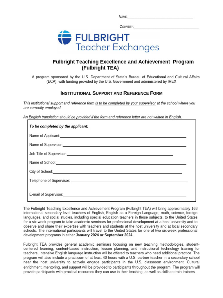 Fulbright TEA Program Reference Form | PDF | Teachers | Learning