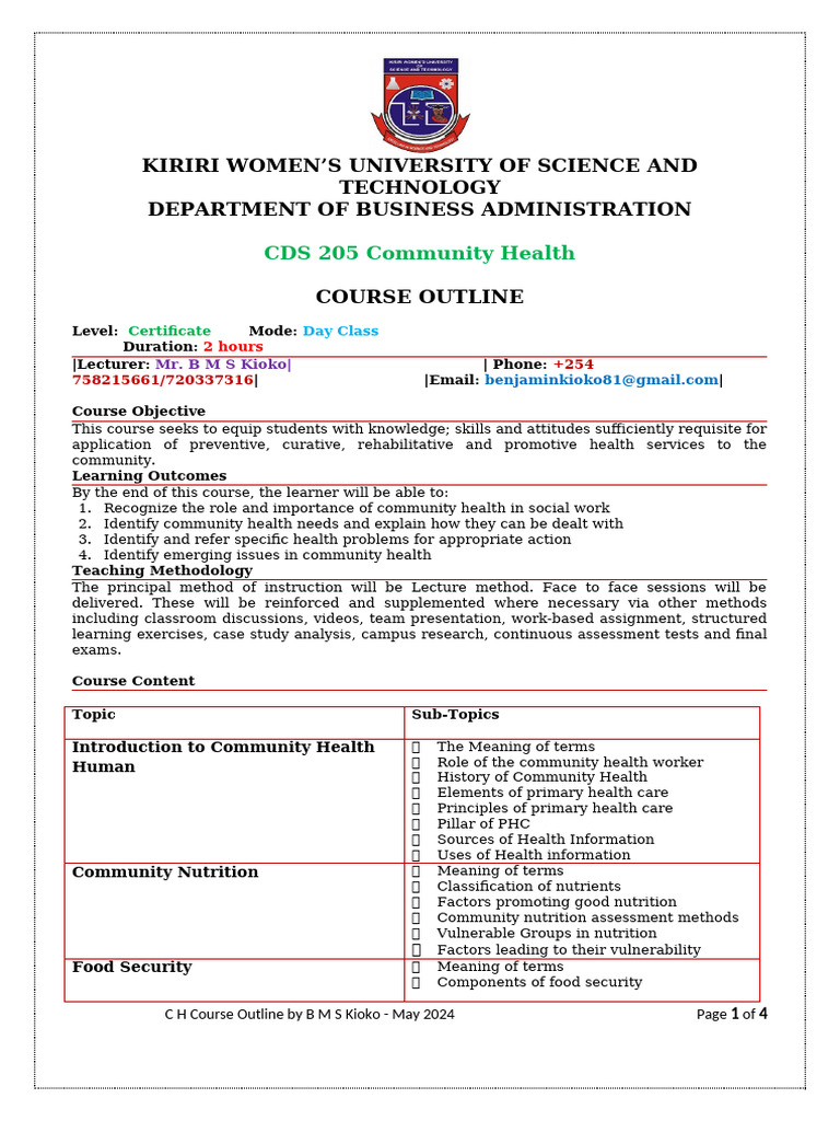 CDS 205 Community Health Course Outline | PDF | Hiv/Aids | Maternal Health