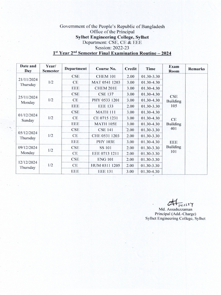 1st Year 2nd Semester Final Exam Routine - 2024 | PDF