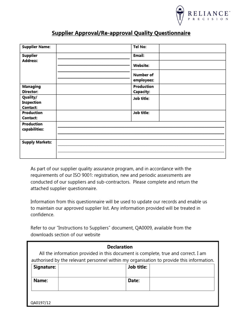 Supplier Approval Quality Questionnaire | PDF | Iso 9000