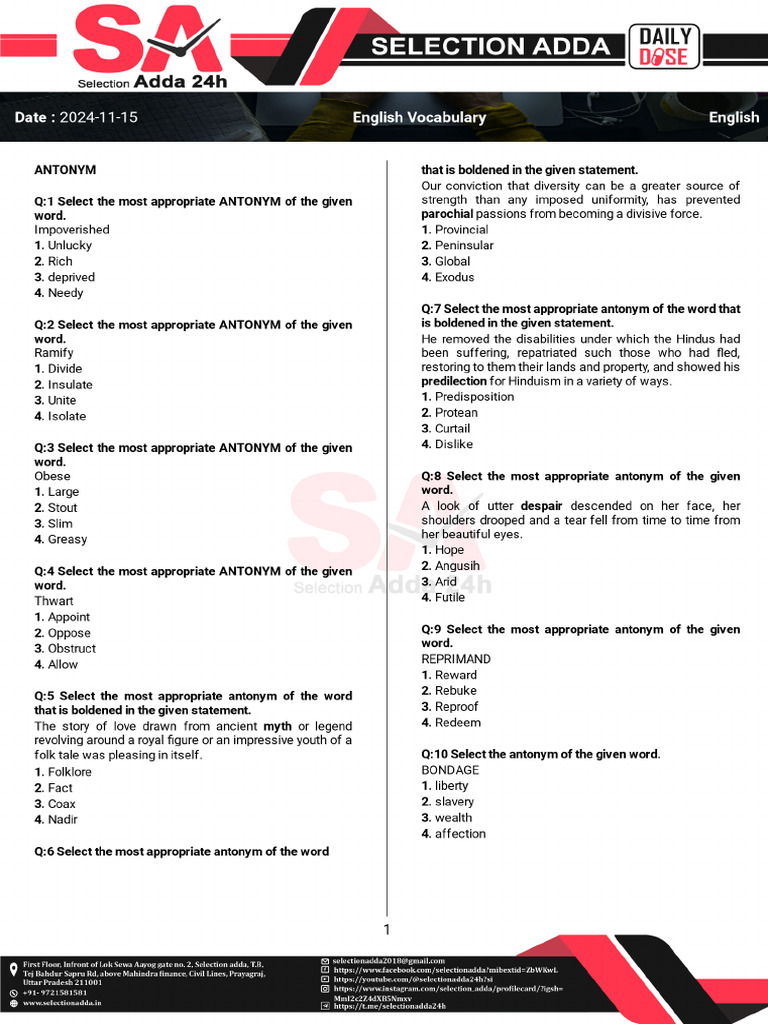 English Vocabulary English 2024-11-15 Selection Adda | PDF