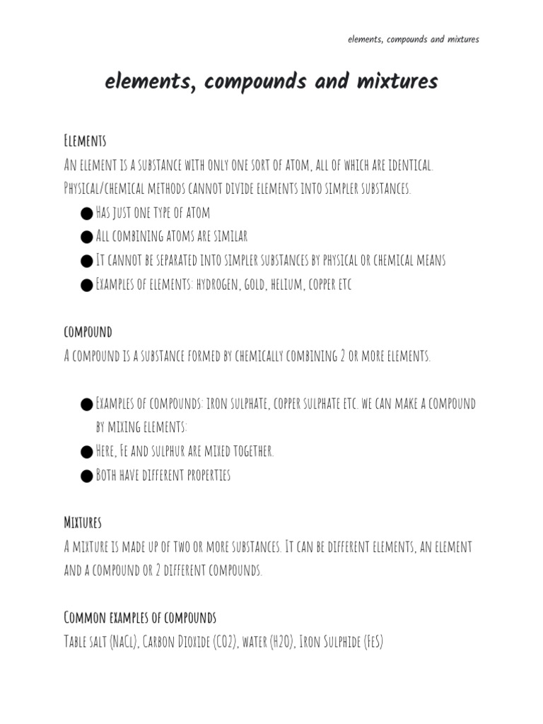 Elements, Compounds, and Mixtures Explained | PDF | Chemical Compounds ...