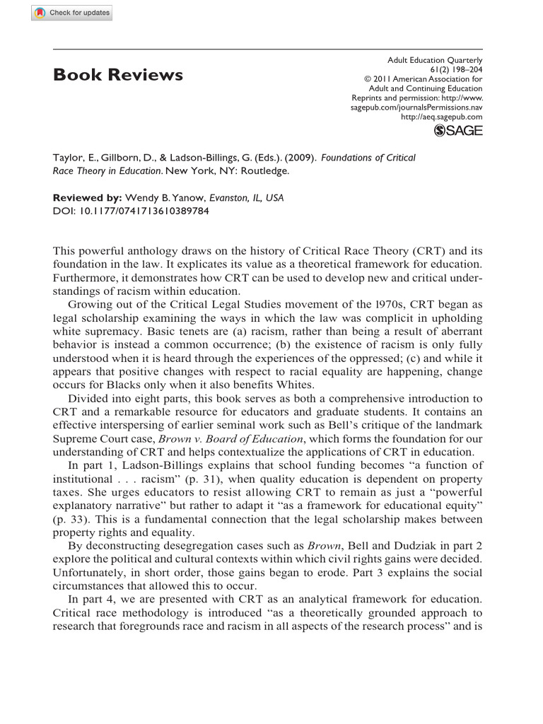 Book Review Foundations of Critical Race Theory in Education | PDF ...