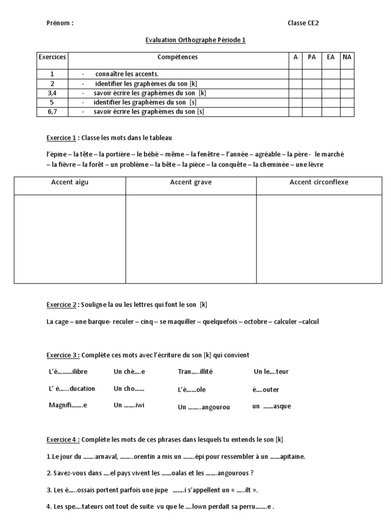 Exercice Sur Les Accents Ce2 à Imprimer Controle Orthographe CE2 | PDF | Code (information) | Linguistique