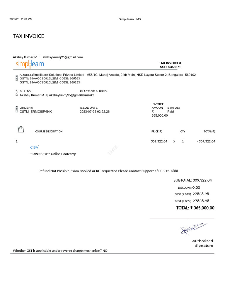 CISA Online Bootcamp Tax Invoice | PDF | Invoice | Government Finances