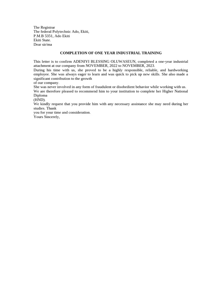 Industrial Training Completion Letter | PDF