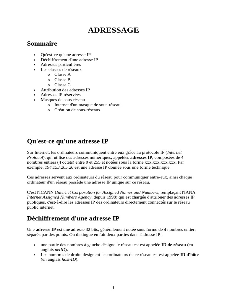 Comprendre les adresses IP et classes | PDF | Adresse IP | Architecture ...