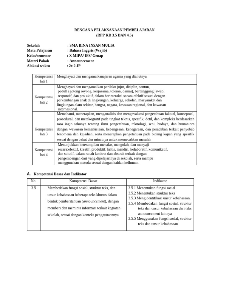 RPP Bahasa Inggris: Teks Announcement | PDF