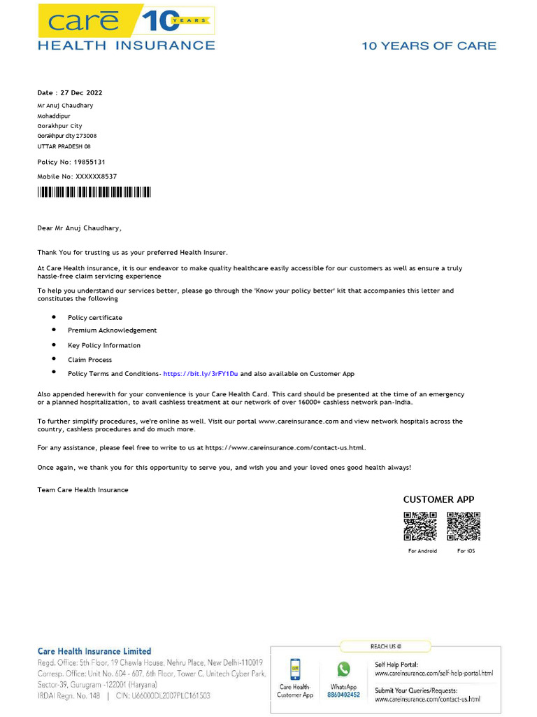 Care Health Insurance Policy Details | PDF | Insurance | Taxes