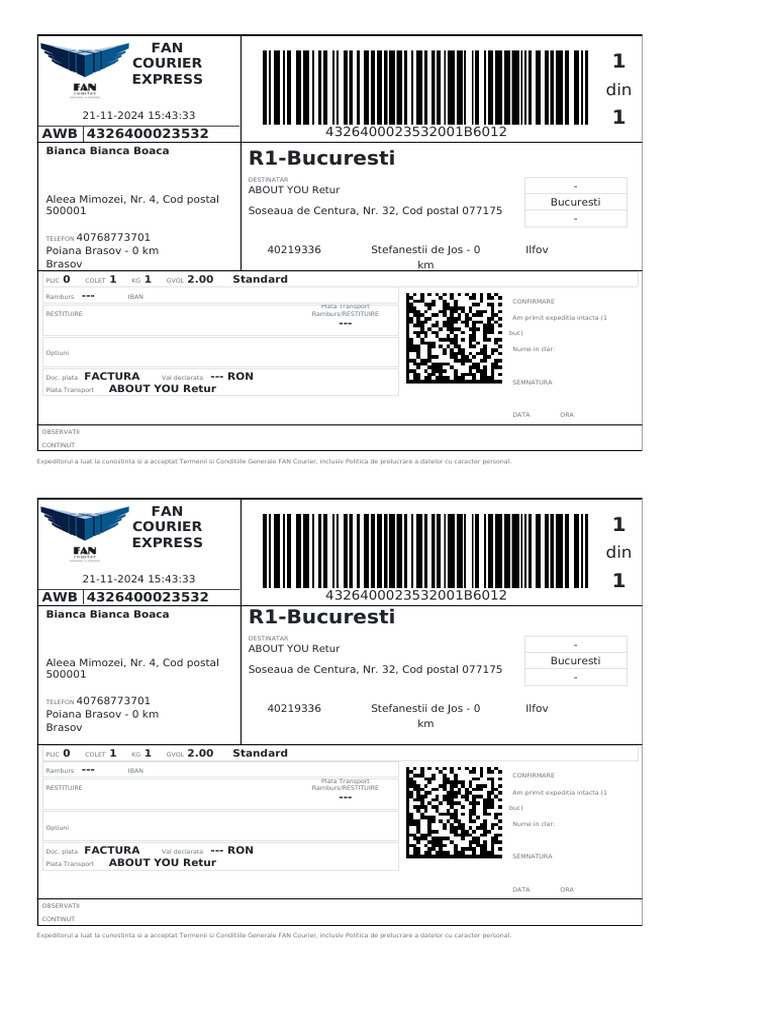 Confirmare Livrare FAN Courier | PDF