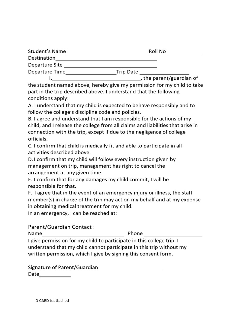 Parent Consent for Class Trip | PDF