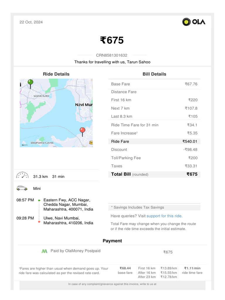 OlaMoney Postpaid Ride Invoice Summary | PDF | Fare | Payments