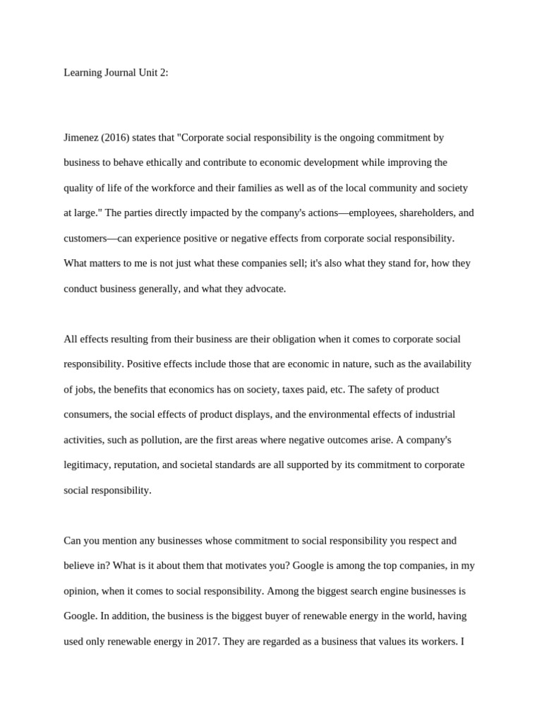 Learning Journal Unit 2 | PDF | Corporate Social Responsibility | Business