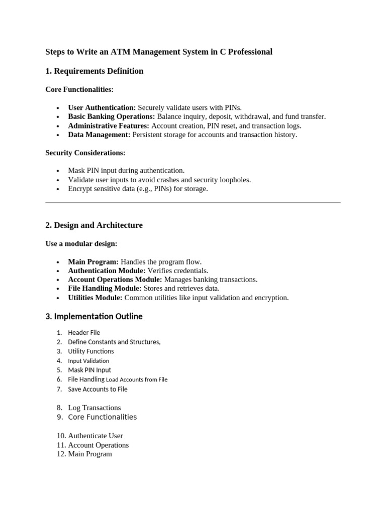 Steps To Write An ATM Management System in C Professional | PDF