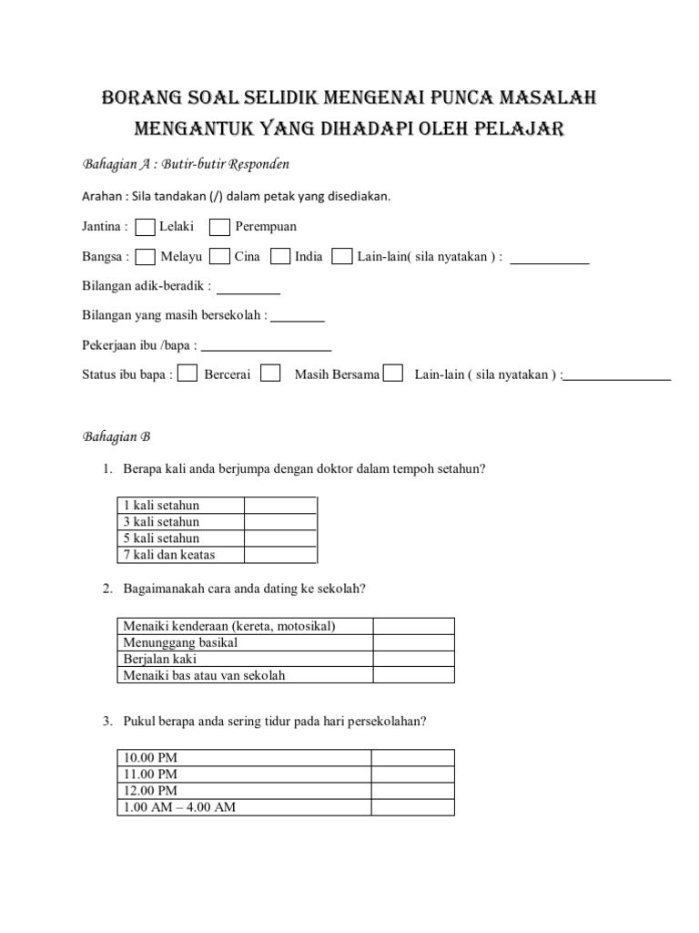 Borang Soal Selidik Mengenai Punca Masalah Mengantuk Yang Dihadapi Oleh Pelajar Pdf