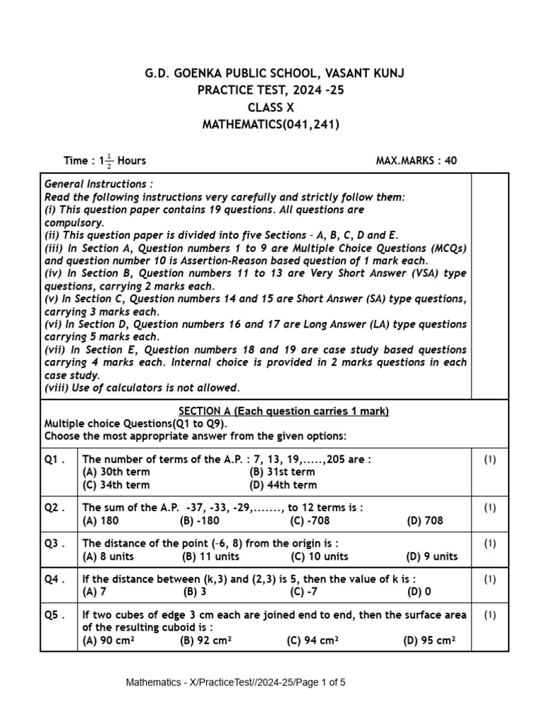 Class X Math Practice Test 2024-25 | PDF | Euclidean Geometry ...