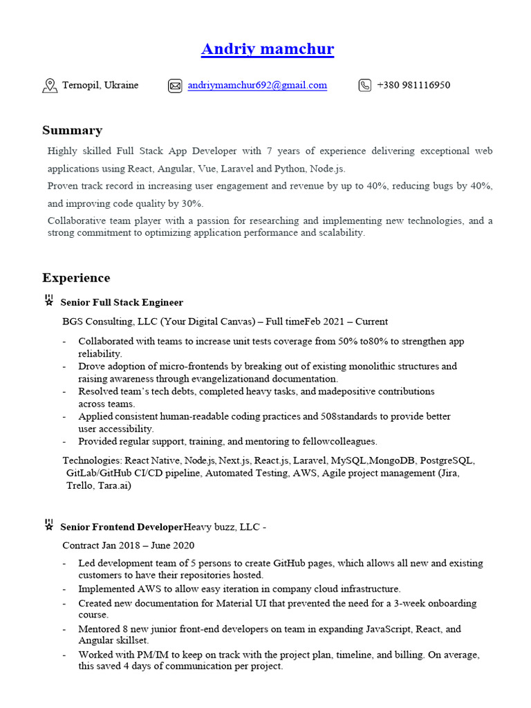 Full Stack Developer Resume - Andriy Mamchur | PDF | Java Script | Software
