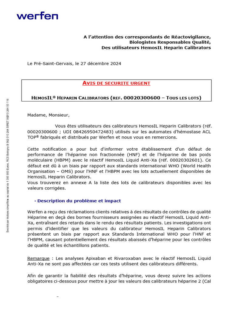 Avis de sécurité sur calibrateurs HemosIL | PDF | Spécialités médicales ...