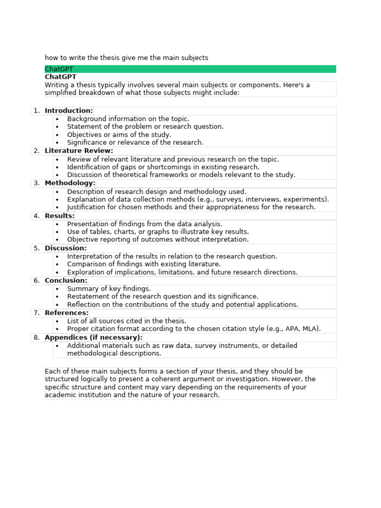How To Write The Thesis Give Me The Main Subjects | PDF