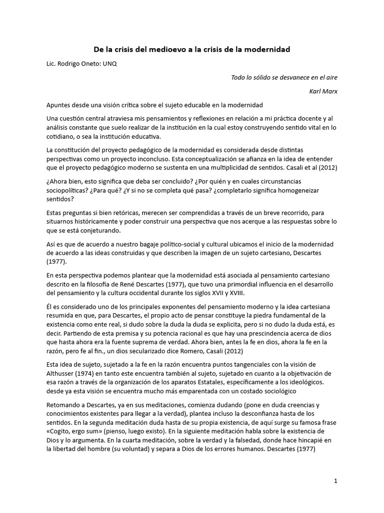 Crisis de la Modernidad y Educación | PDF | René Descartes | Existencia