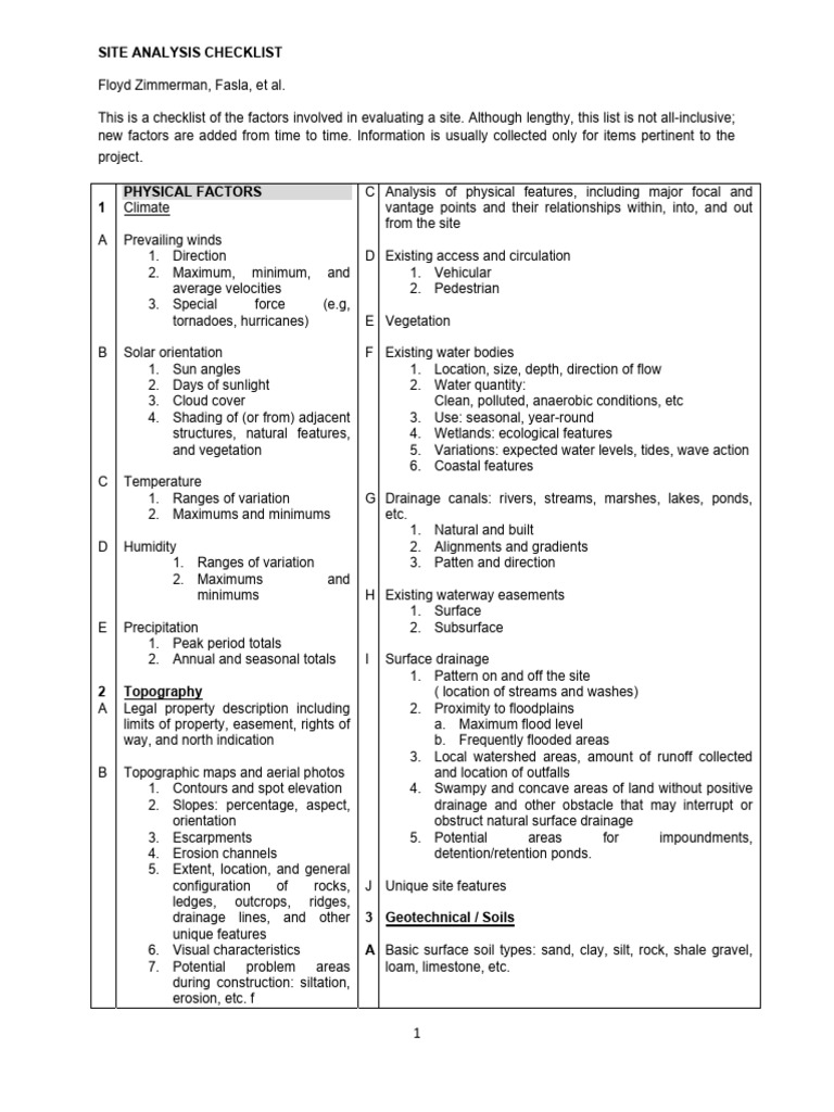 Site Analysis Checklist for Evaluation | PDF | Flood | Storm Drain