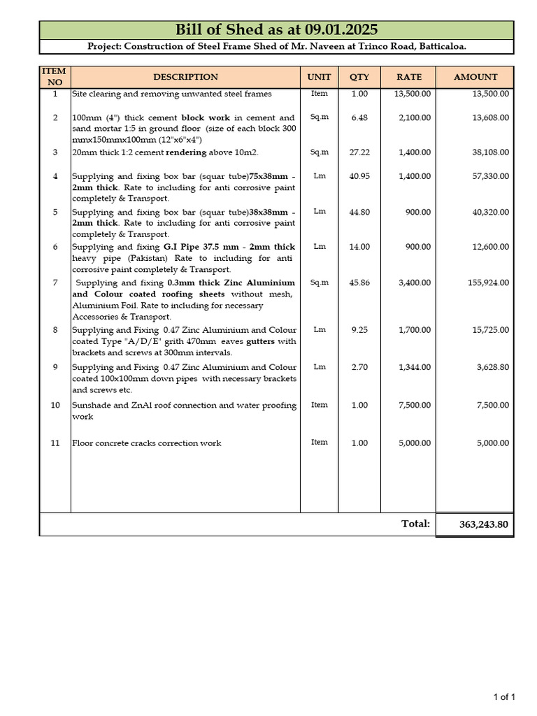 Bill of Shed 09.01.2025 | PDF
