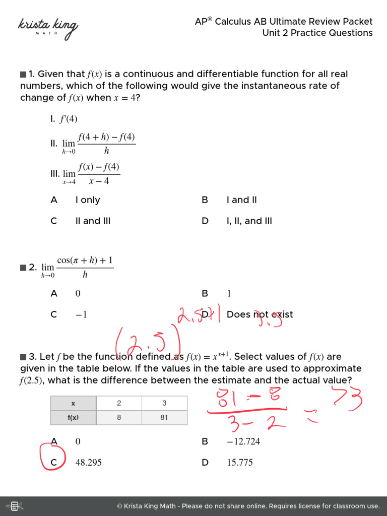 Unit 2 Practice Questions | PDF | Derivative | Tangent