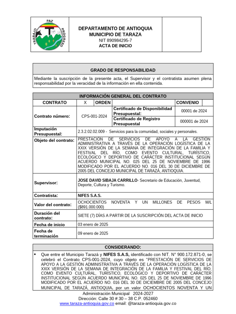 Acta de Inicio Contrato CPS-001-2024 | PDF