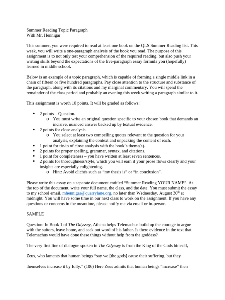 Summer Reading Analysis Assignment Guide | PDF | Odyssey