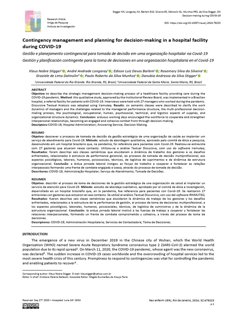 Contingency Management and Planning For Decision-Making in A Hospital ...