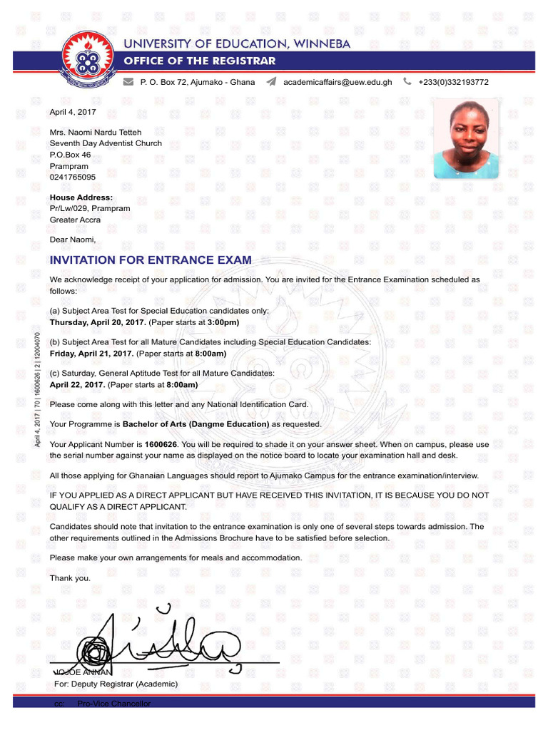 Invitation to Ghana University Entrance Exam | PDF | Educational ...