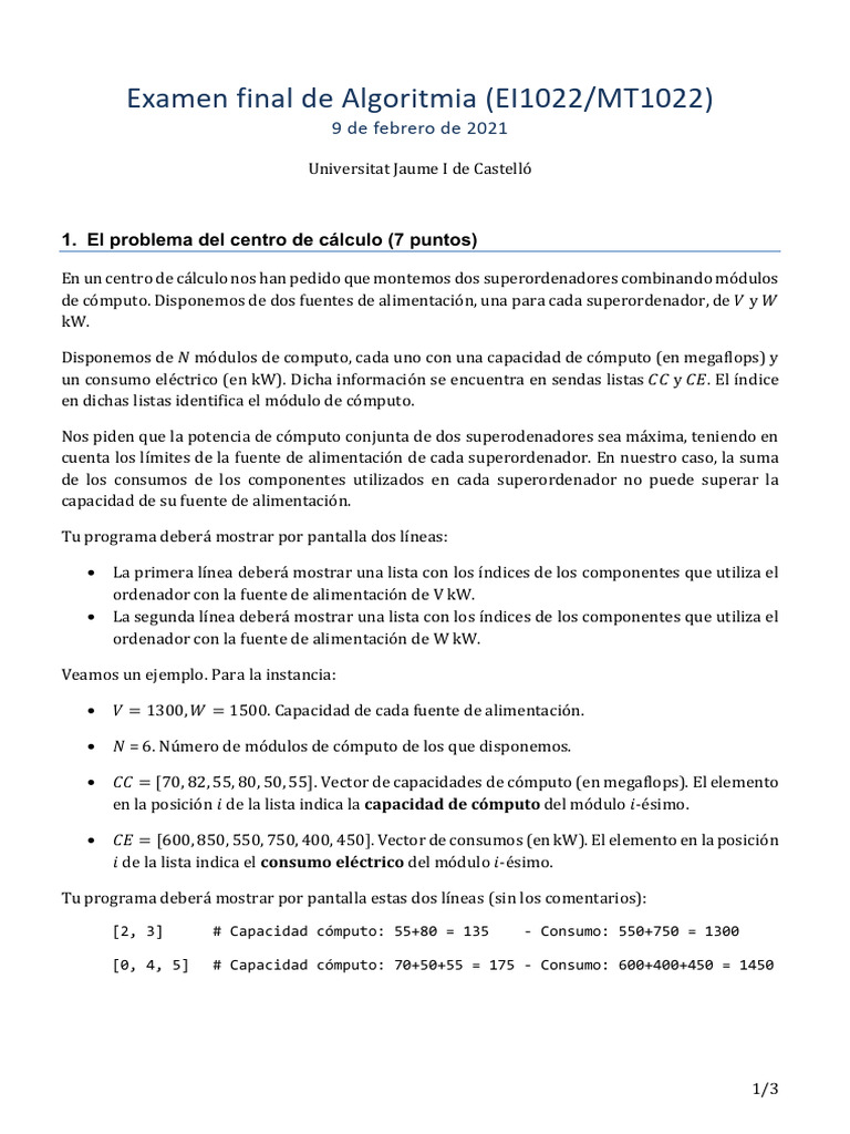 Examen Final Algoritmia 2021 | PDF | Programación dinámica | Algoritmos