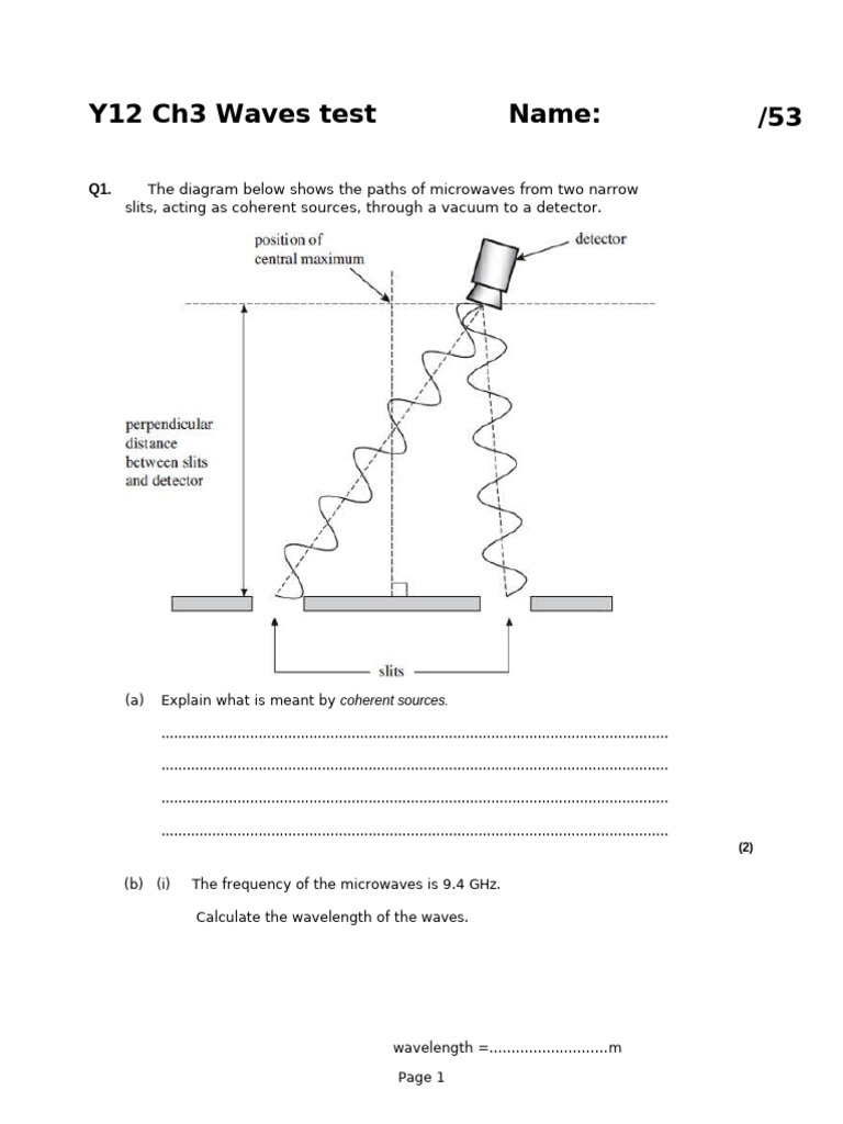 Y12 Waves Test: Interference & Diffraction | PDF | Wavelength ...