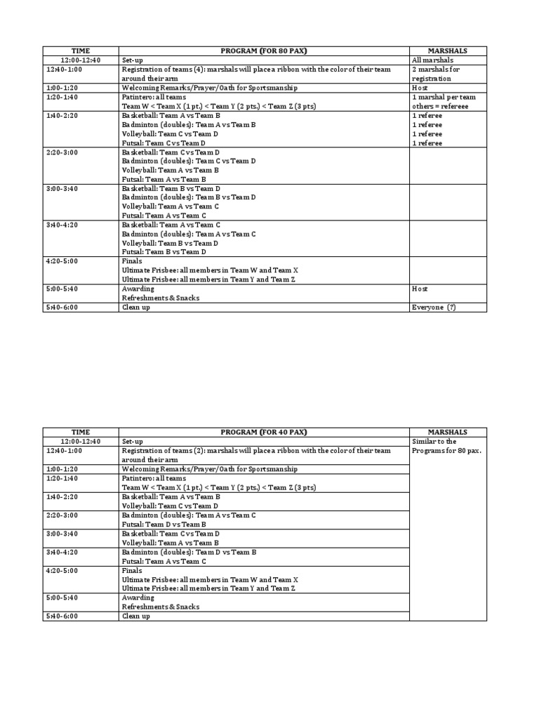 Sports Event Schedule and Logistics | PDF | Sports Equipment | Summer ...