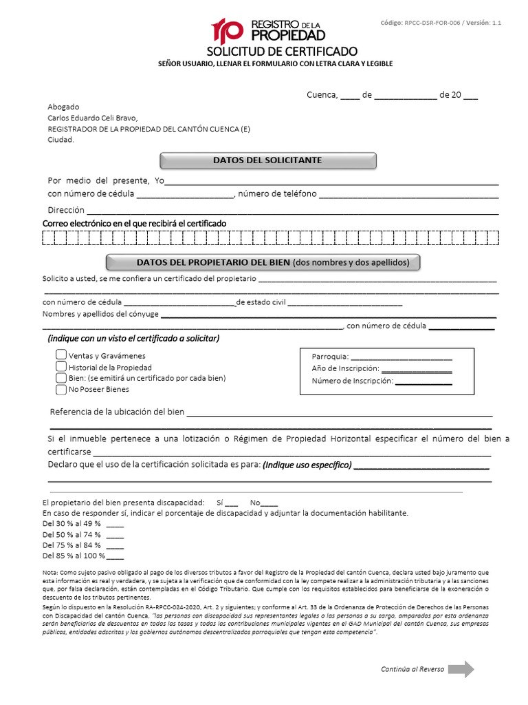 Solicitud de Certificado de Propiedad | PDF