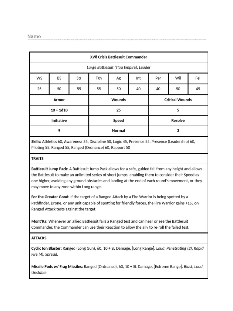 XV8 Crisis Battlesuit Commander Datasheet | PDF