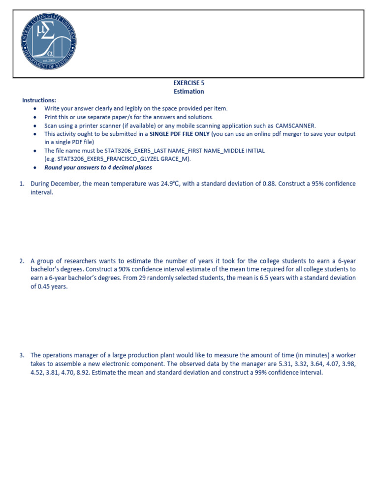 Confidence Interval Estimation Exercise | PDF