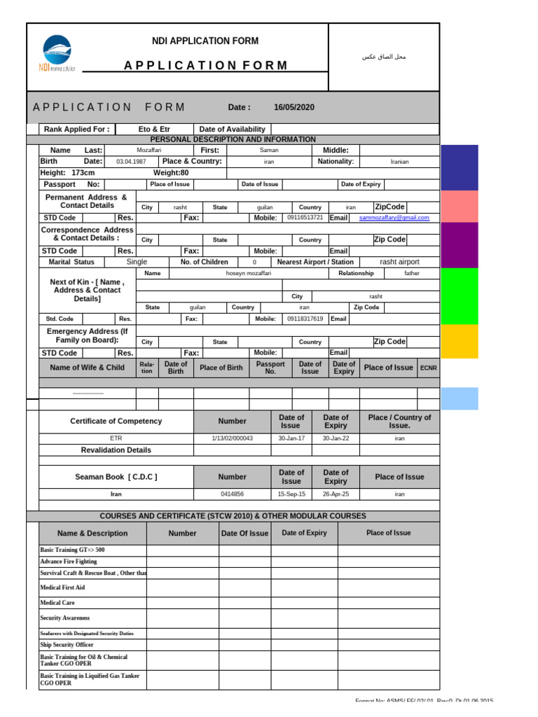 NDI Application Form for Seafarers | PDF | Ships | Sailor
