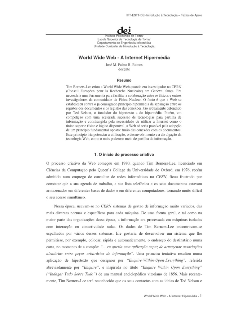 História da Criação da World Wide Web | PDF | Rede mundial de ...