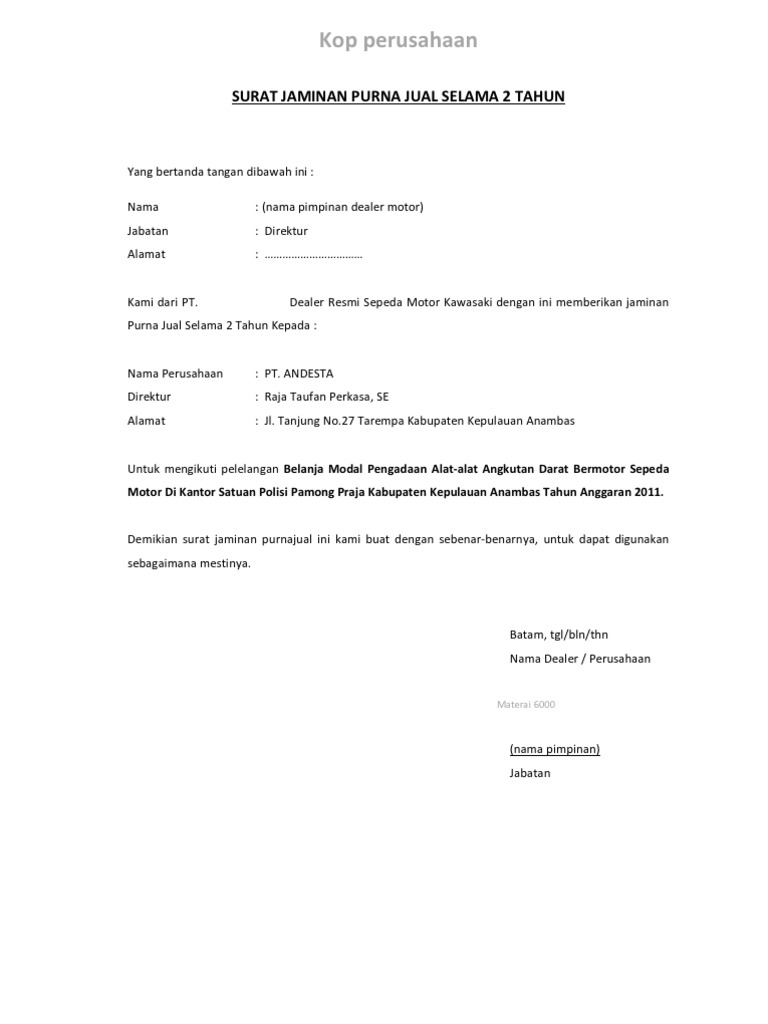Contoh Surat Jaminan Purna Jual