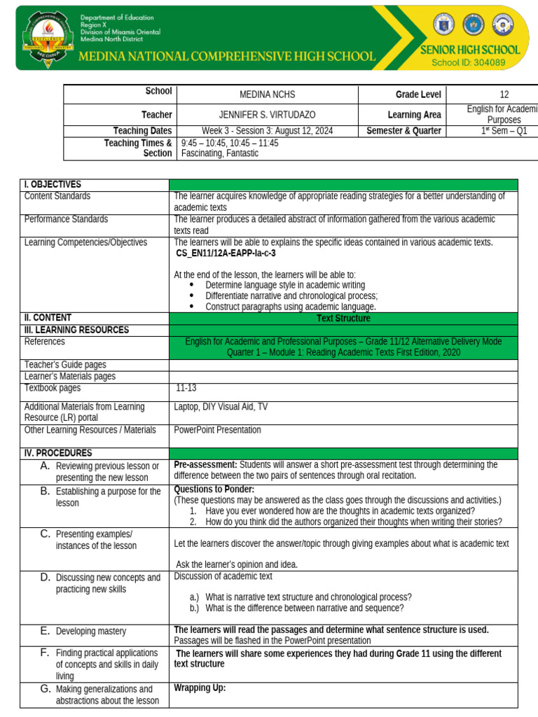 Academic Text Structures Lesson Plan | PDF | Learning | Cognition