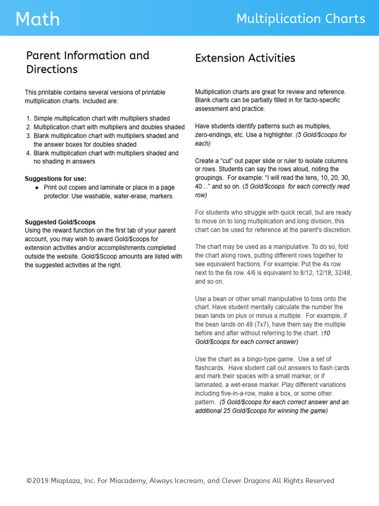 Multiplication Chart Activities Guide | PDF | Multiplication | Mathematics