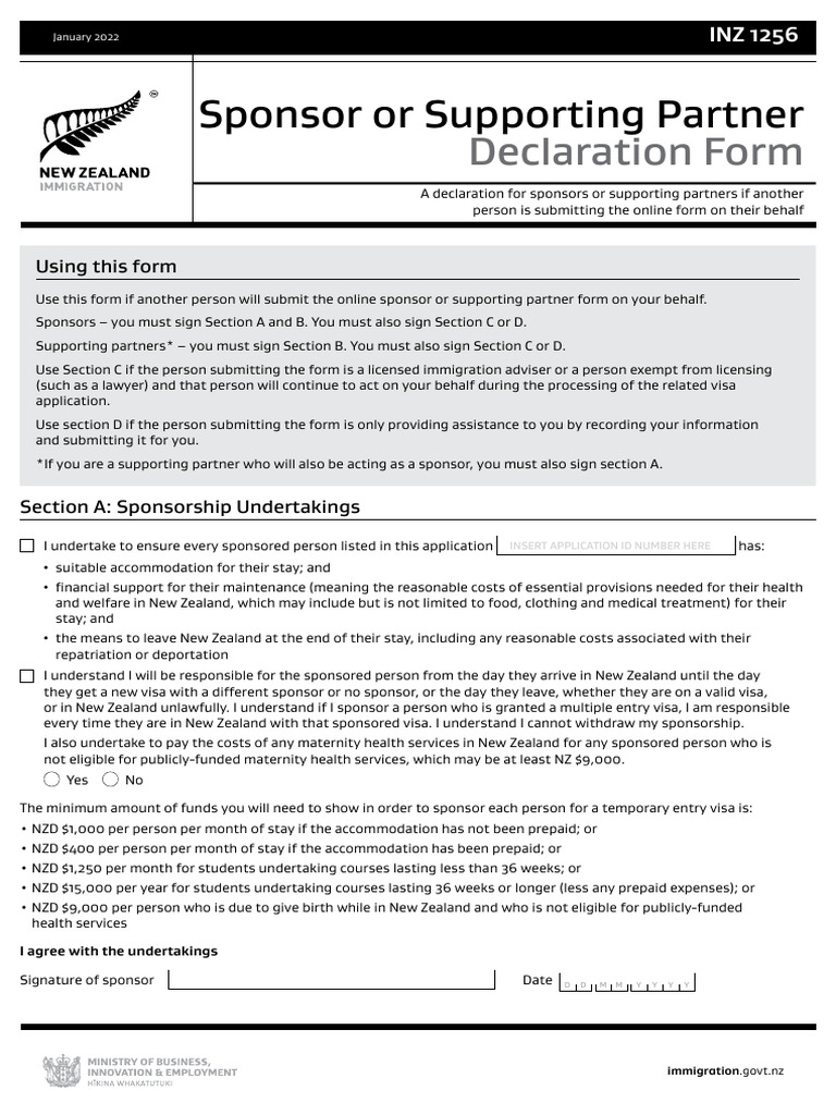 INZ 1256 Sponsor Declaration Form | PDF | Travel Visa | Justice