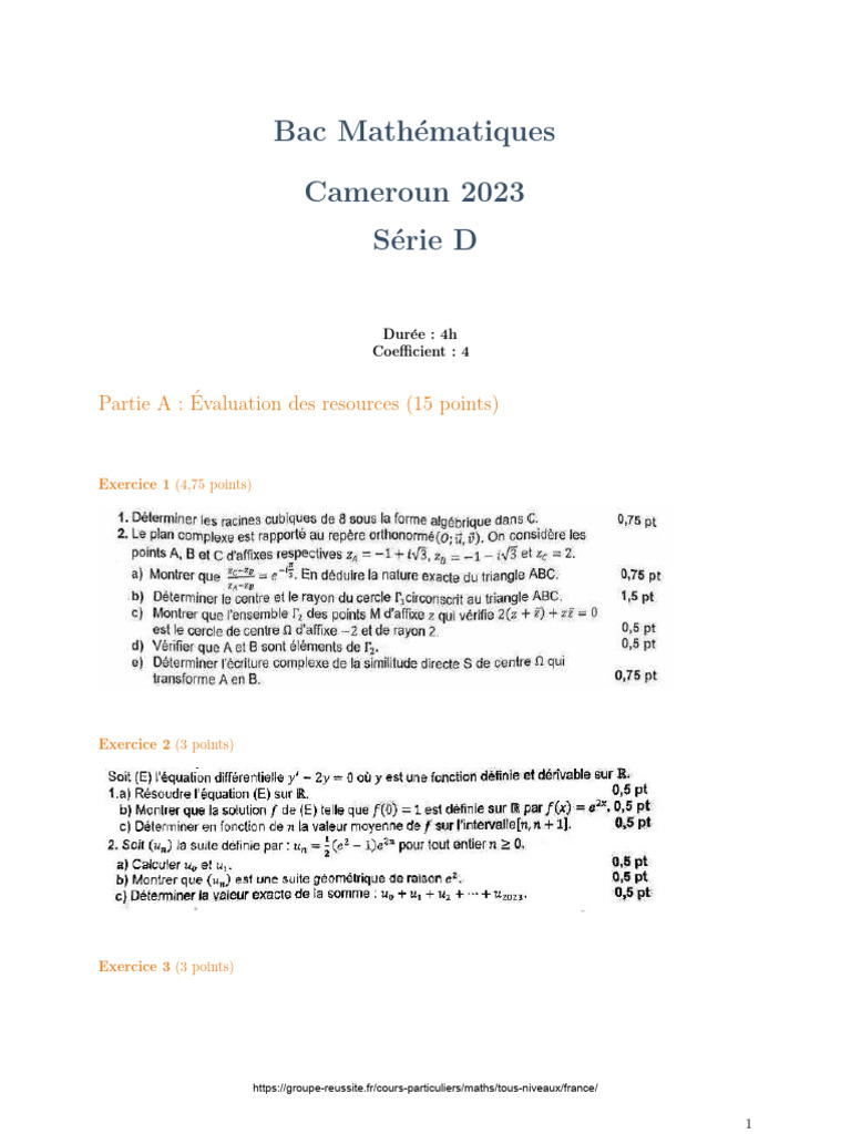 Sujet Bac D Maths 2023 Cameroun | PDF